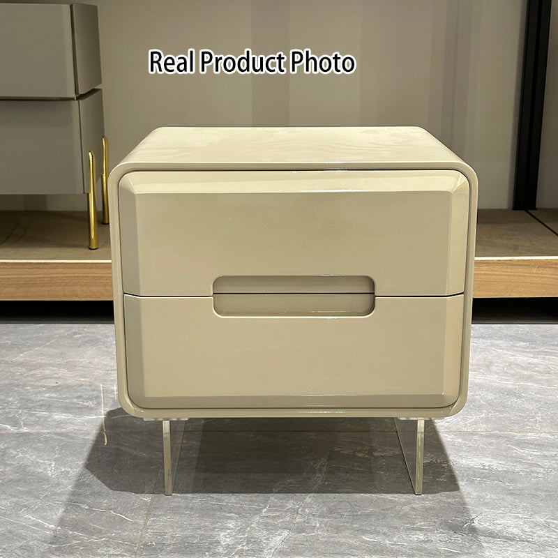 Contemporary Scandinavian Soft Beige 2-Drawer Storage Nightstand - Rounded Corner Design Clear Acrylic Legs Bedside Table For Bedroom