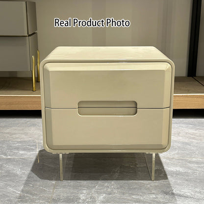 Contemporary Scandinavian Soft Beige 2-Drawer Storage Nightstand - Rounded Corner Design Clear Acrylic Legs Bedside Table For Bedroom