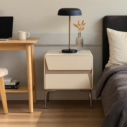 Modern Luxury Beige 2-Drawer Storage Nightstand - Two-Tone Panel Design Geometric Bedside Table For Bedroom