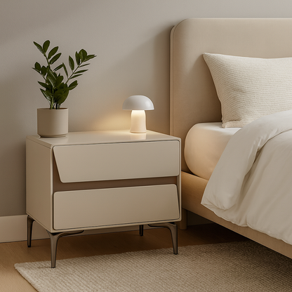 Modern Luxury Beige 2-Drawer Storage Nightstand - Two-Tone Panel Design Geometric Bedside Table For Bedroom