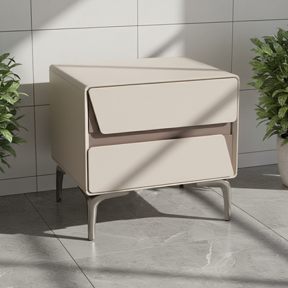 Modern Luxury Beige 2-Drawer Storage Nightstand - Two-Tone Panel Design Geometric Bedside Table For Bedroom