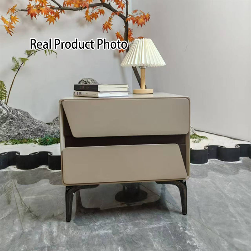 Modern Luxury Beige 2-Drawer Storage Nightstand - Two-Tone Panel Design Geometric Bedside Table For Bedroom