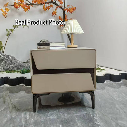 Modern Luxury Beige 2-Drawer Storage Nightstand - Two-Tone Panel Design Geometric Bedside Table For Bedroom