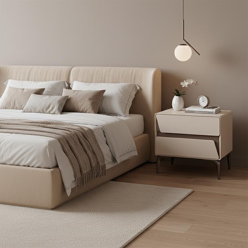 Modern Luxury Beige 2-Drawer Storage Nightstand - Two-Tone Panel Design Geometric Bedside Table For Bedroom