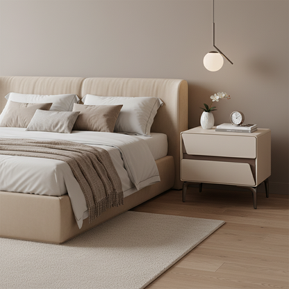 Modern Luxury Beige 2-Drawer Storage Nightstand - Two-Tone Panel Design Geometric Bedside Table For Bedroom