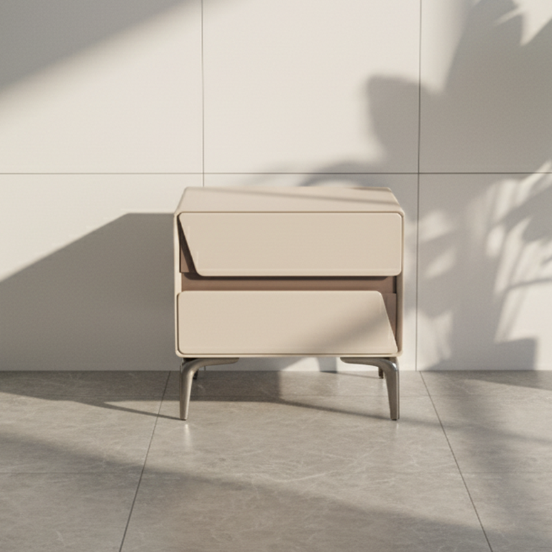 Modern Luxury Beige 2-Drawer Storage Nightstand - Two-Tone Panel Design Geometric Bedside Table For Bedroom