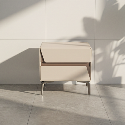 Modern Luxury Beige 2-Drawer Storage Nightstand - Two-Tone Panel Design Geometric Bedside Table For Bedroom