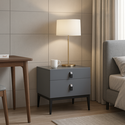 Modern Luxury Square Morandi Grey 2-Drawer Storage Nightstand - Minimalist Elegance Bedside Table For Bedroom