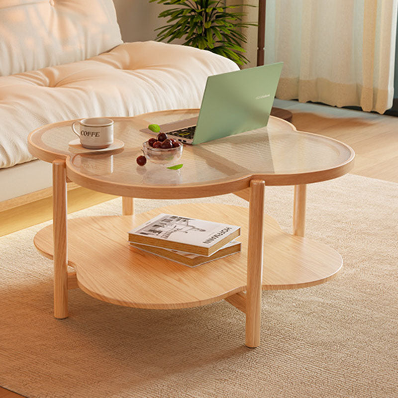 Contemporary Scandinavian Quatrefoil-Shaped Fluted Glass Rubberwood Coffee Table 2-Tier For Living Room