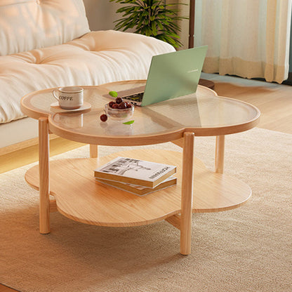 Contemporary Scandinavian Quatrefoil-Shaped Fluted Glass Rubberwood Coffee Table 2-Tier For Living Room