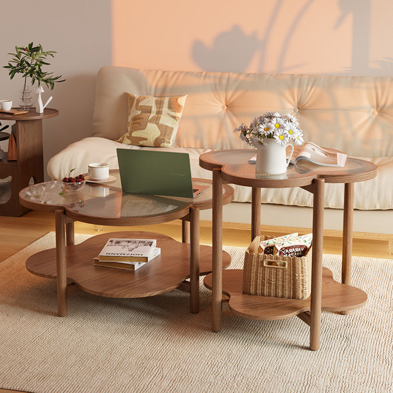 Contemporary Scandinavian Quatrefoil-Shaped Fluted Glass Rubberwood Coffee Table 2-Tier For Living Room