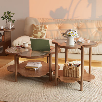 Contemporary Scandinavian Quatrefoil-Shaped Fluted Glass Rubberwood Coffee Table 2-Tier For Living Room