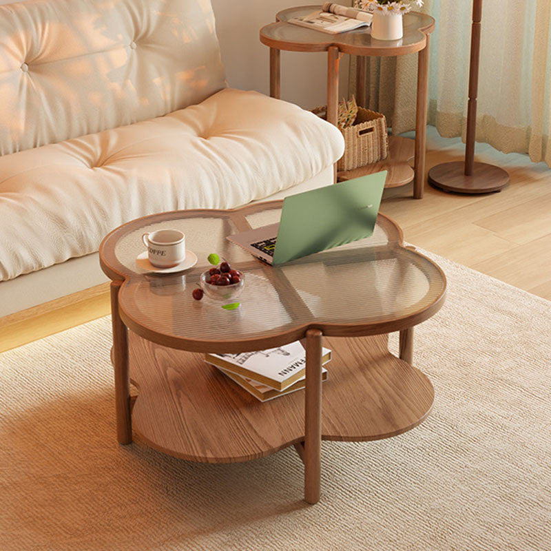 Contemporary Scandinavian Quatrefoil-Shaped Fluted Glass Rubberwood Coffee Table 2-Tier For Living Room