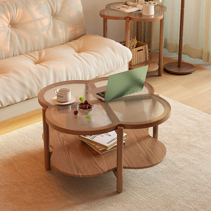 Contemporary Scandinavian Quatrefoil-Shaped Fluted Glass Rubberwood Coffee Table 2-Tier For Living Room