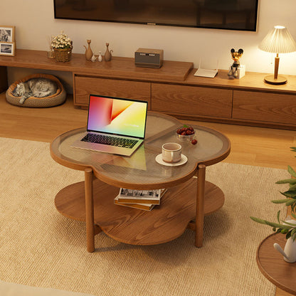 Contemporary Scandinavian Quatrefoil-Shaped Fluted Glass Rubberwood Coffee Table 2-Tier For Living Room