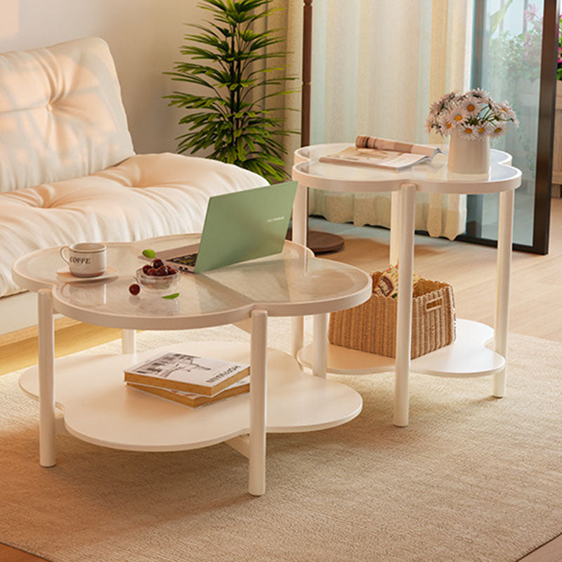 Contemporary Scandinavian Quatrefoil-Shaped Fluted Glass Rubberwood Coffee Table 2-Tier For Living Room