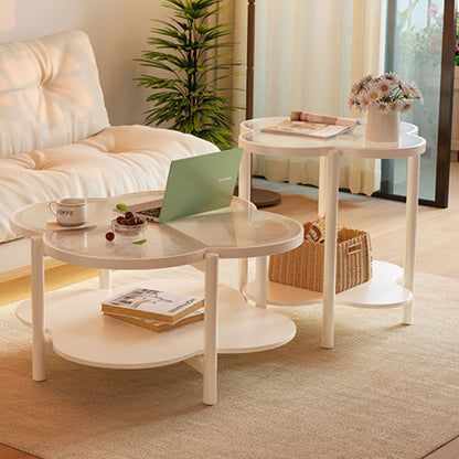 Contemporary Scandinavian Quatrefoil-Shaped Fluted Glass Rubberwood Coffee Table 2-Tier For Living Room