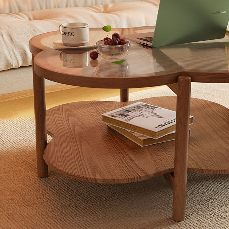 Contemporary Scandinavian Quatrefoil-Shaped Fluted Glass Rubberwood Coffee Table 2-Tier For Living Room