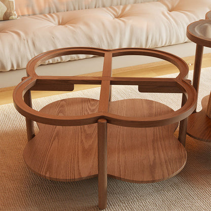 Contemporary Scandinavian Quatrefoil-Shaped Fluted Glass Rubberwood Coffee Table 2-Tier For Living Room