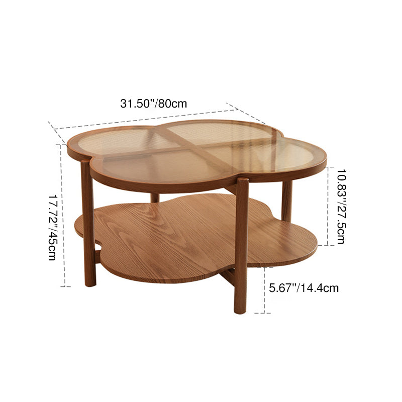 Contemporary Scandinavian Quatrefoil-Shaped Fluted Glass Rubberwood Coffee Table 2-Tier For Living Room