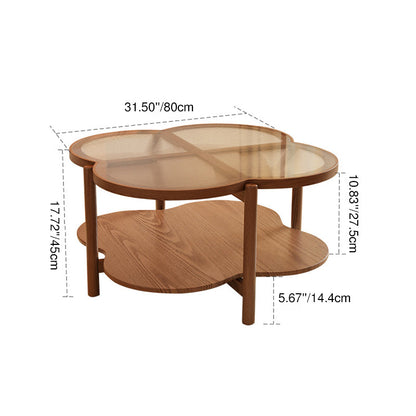 Contemporary Scandinavian Quatrefoil-Shaped Fluted Glass Rubberwood Coffee Table 2-Tier For Living Room