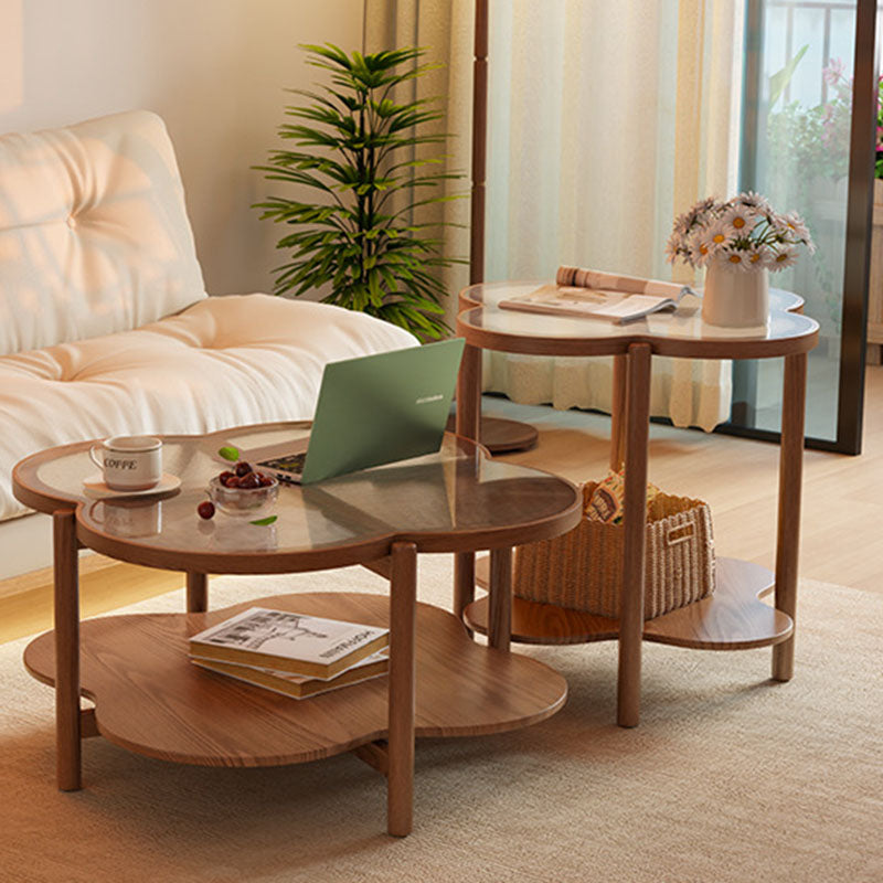 Contemporary Scandinavian Quatrefoil-Shaped Fluted Glass Rubberwood Coffee Table 2-Tier For Living Room