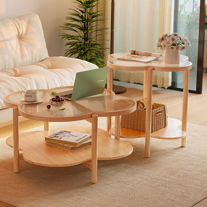 Contemporary Scandinavian Quatrefoil-Shaped Fluted Glass Rubberwood Coffee Table 2-Tier For Living Room