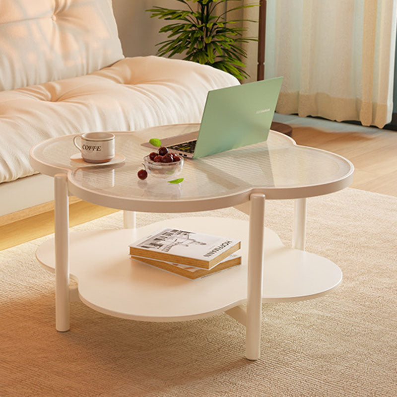 Contemporary Scandinavian Quatrefoil-Shaped Fluted Glass Rubberwood Coffee Table 2-Tier For Living Room
