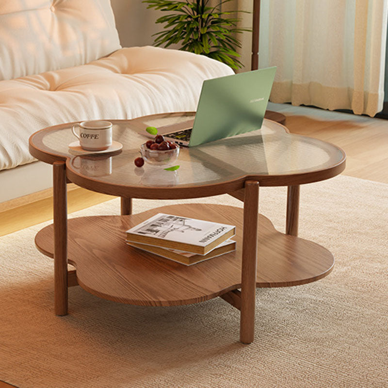 Contemporary Scandinavian Quatrefoil-Shaped Fluted Glass Rubberwood Coffee Table 2-Tier For Living Room