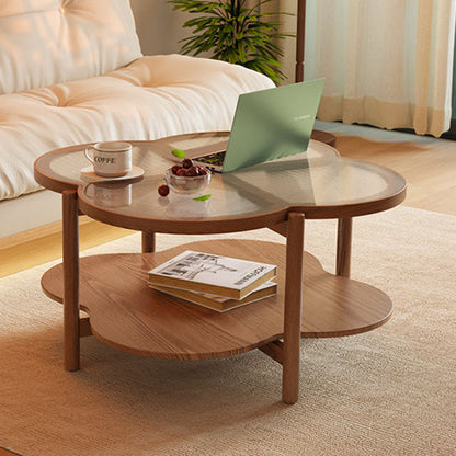 Contemporary Scandinavian Quatrefoil-Shaped Fluted Glass Rubberwood Coffee Table 2-Tier For Living Room