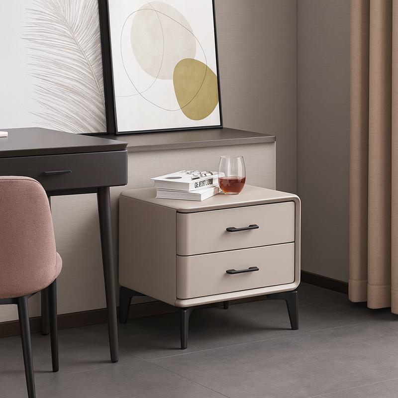 Modern Minimalist Light Beige 2-Drawer Storage Nightstand - Faux Leather Bedside Table For Bedroom