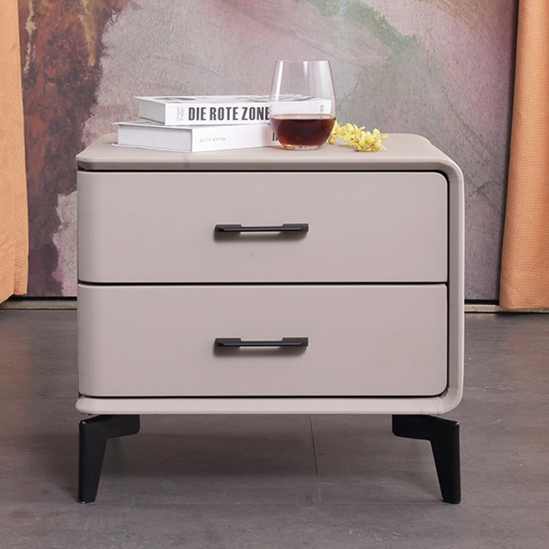 Modern Minimalist Light Beige 2-Drawer Storage Nightstand - Faux Leather Bedside Table For Bedroom
