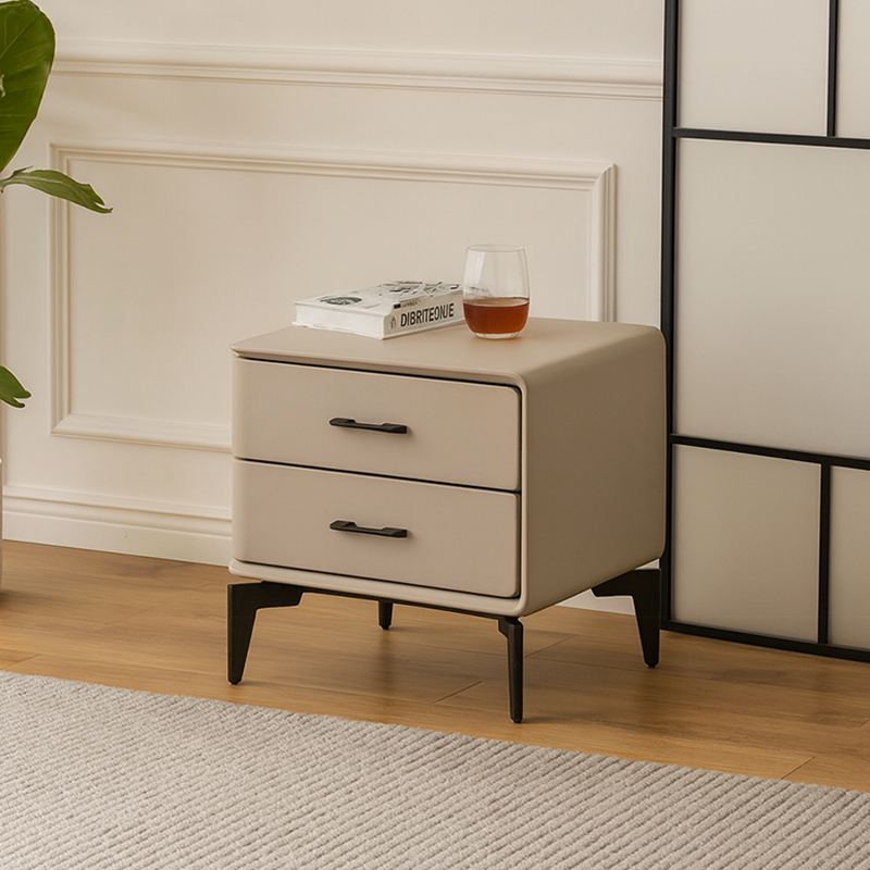 Modern Minimalist Light Beige 2-Drawer Storage Nightstand - Faux Leather Bedside Table For Bedroom
