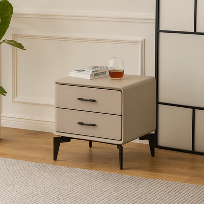 Modern Minimalist Light Beige 2-Drawer Storage Nightstand - Faux Leather Bedside Table For Bedroom