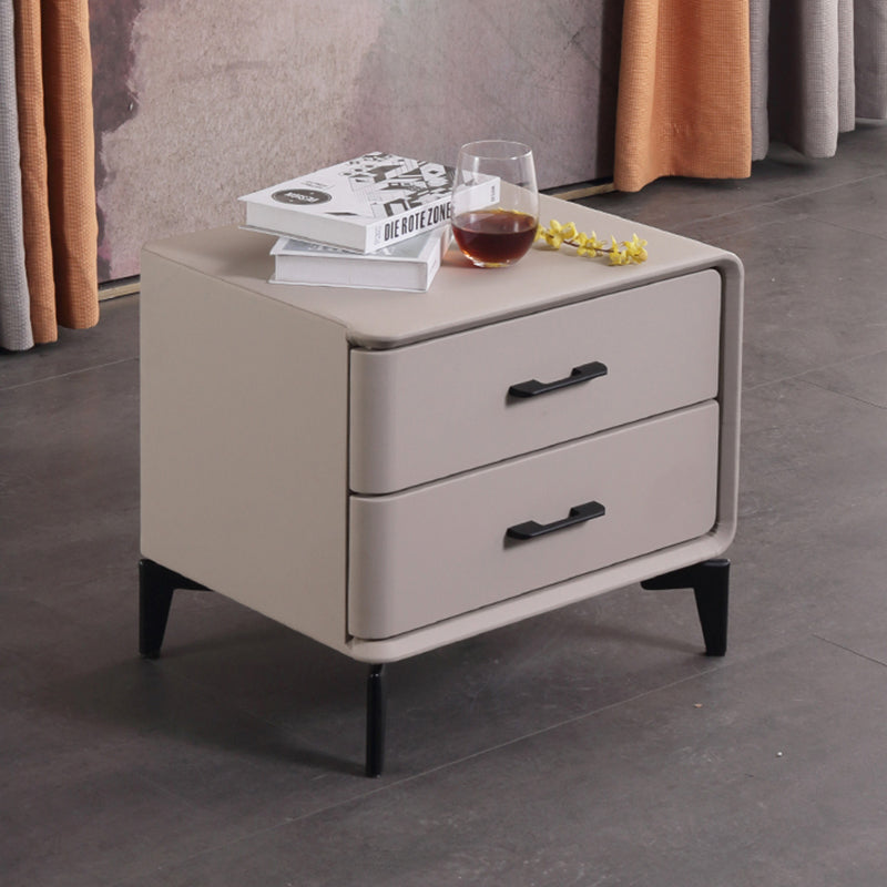 Modern Minimalist Light Beige 2-Drawer Storage Nightstand - Faux Leather Bedside Table For Bedroom