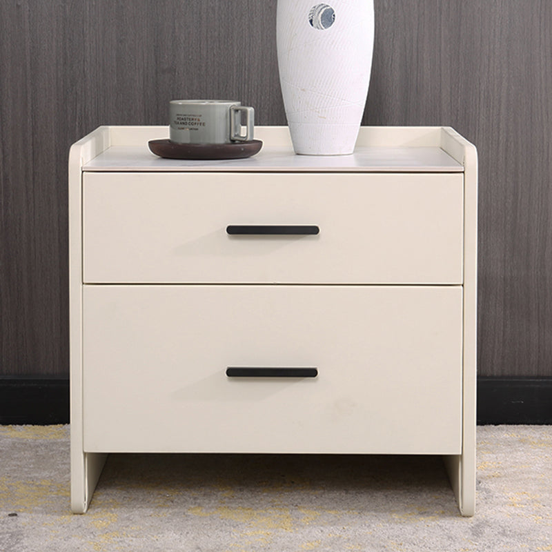 Contemporary Scandinavian Beige 2-Drawer Storage Nightstand - Stone Slab Top Bedside Table For Bedroom
