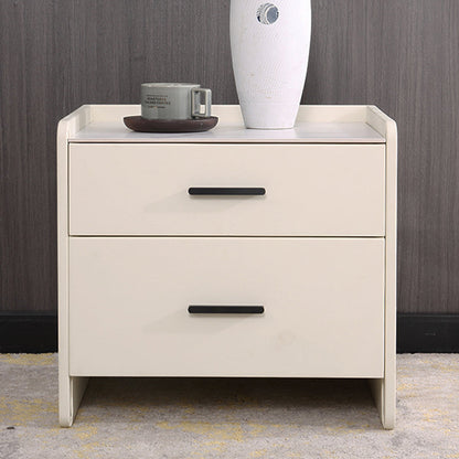 Contemporary Scandinavian Beige 2-Drawer Storage Nightstand - Stone Slab Top Bedside Table For Bedroom