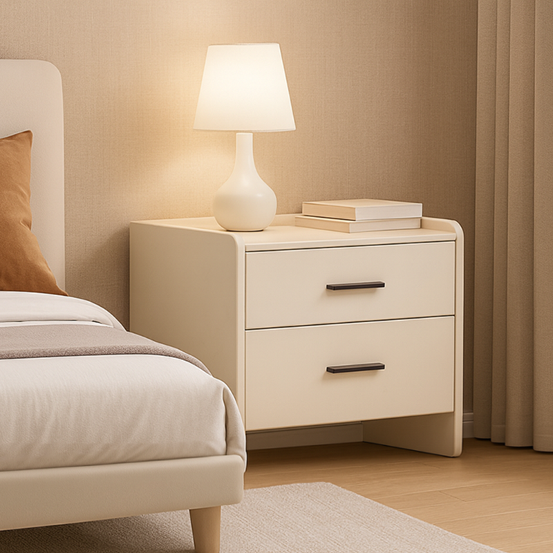 Contemporary Scandinavian Beige 2-Drawer Storage Nightstand - Stone Slab Top Bedside Table For Bedroom