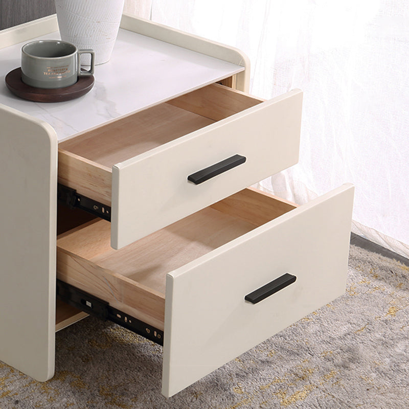 Contemporary Scandinavian Beige 2-Drawer Storage Nightstand - Stone Slab Top Bedside Table For Bedroom