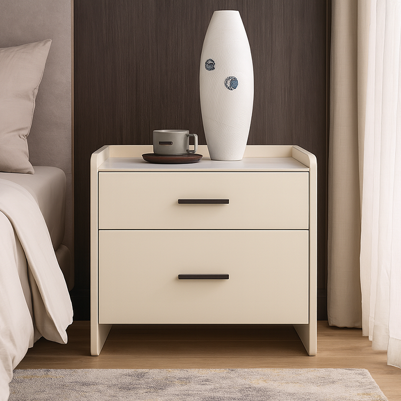 Contemporary Scandinavian Beige 2-Drawer Storage Nightstand - Stone Slab Top Bedside Table For Bedroom