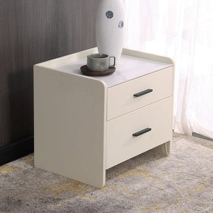 Contemporary Scandinavian Beige 2-Drawer Storage Nightstand - Stone Slab Top Bedside Table For Bedroom