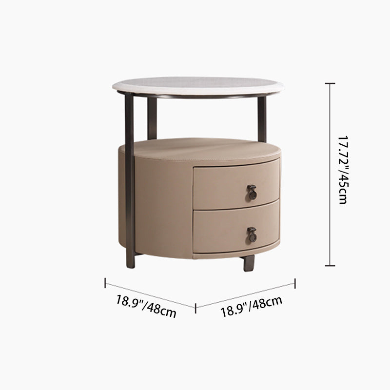 Modern Luxury Round 2-Drawer Storage Nightstand, Light Brown Faux Leather Stone Slab Top Bedside Table For Bedroom