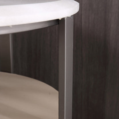 Modern Luxury Round 2-Drawer Storage Nightstand, Light Brown Faux Leather Stone Slab Top Bedside Table For Bedroom
