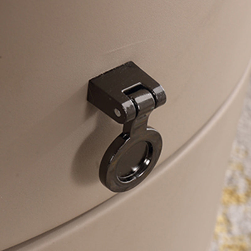 Modern Luxury Round 2-Drawer Storage Nightstand, Light Brown Faux Leather Stone Slab Top Bedside Table For Bedroom
