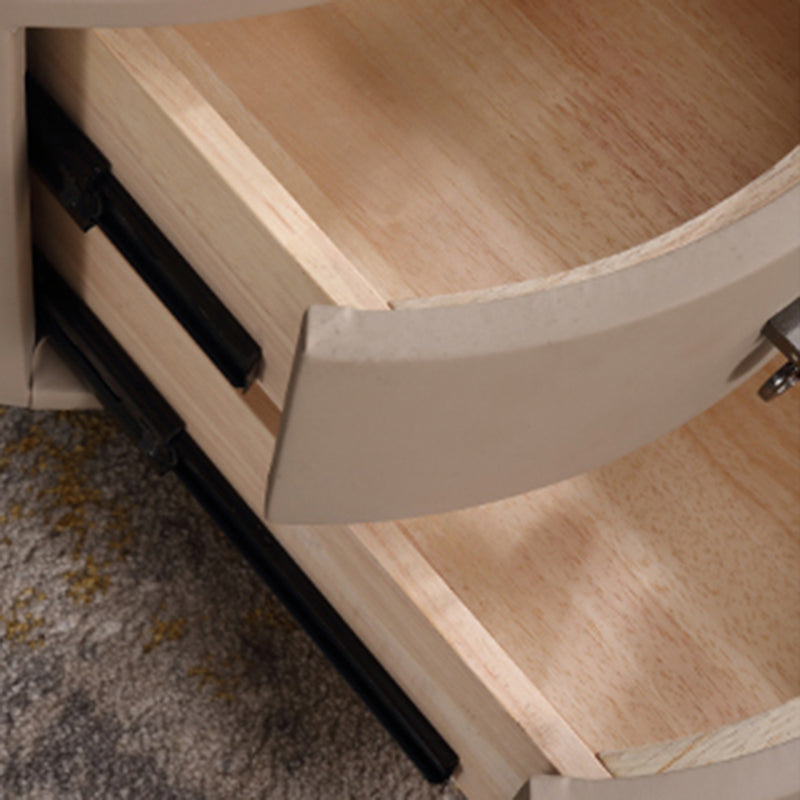 Modern Luxury Round 2-Drawer Storage Nightstand, Light Brown Faux Leather Stone Slab Top Bedside Table For Bedroom