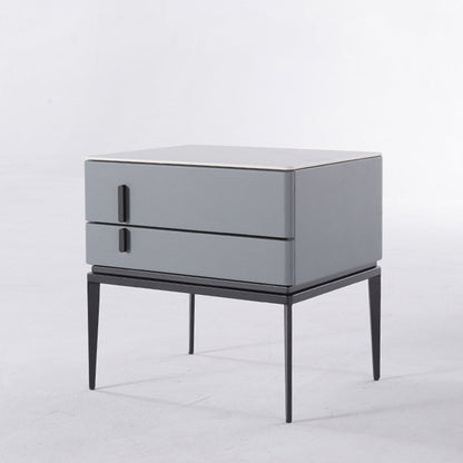 Modern Minimalist Gray Faux Leather 2-Drawer Storage Nightstand - Iron Leg Bedside Table For Bedroom