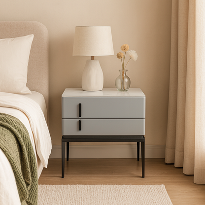 Modern Minimalist Gray Faux Leather 2-Drawer Storage Nightstand - Iron Leg Bedside Table For Bedroom