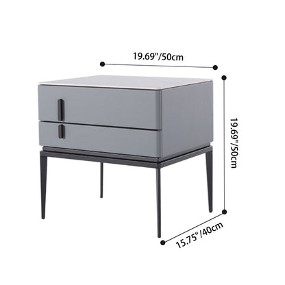 Modern Minimalist Gray Faux Leather 2-Drawer Storage Nightstand - Iron Leg Bedside Table For Bedroom