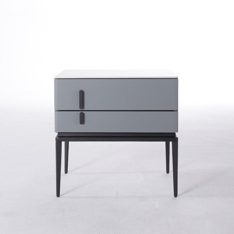 Modern Minimalist Gray Faux Leather 2-Drawer Storage Nightstand - Iron Leg Bedside Table For Bedroom
