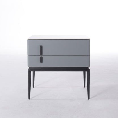 Modern Minimalist Gray Faux Leather 2-Drawer Storage Nightstand - Iron Leg Bedside Table For Bedroom